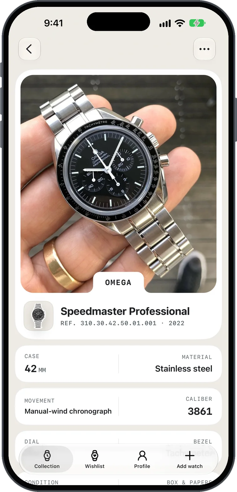 A watch page in Werk showing the photo and spec cards