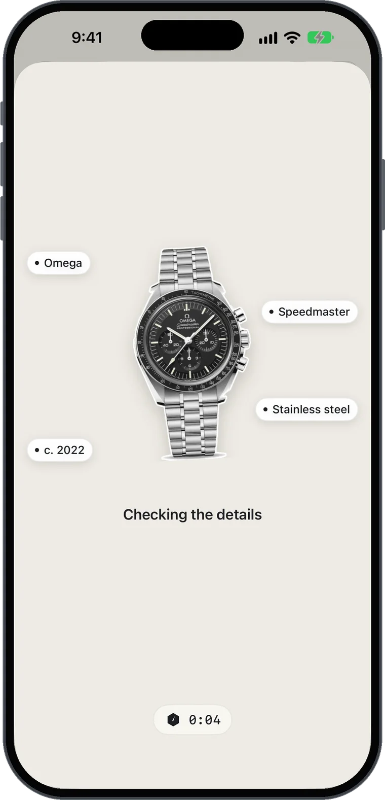 Werk scanning an Omega Speedmaster, with brand, model, material and year appearing around the watch